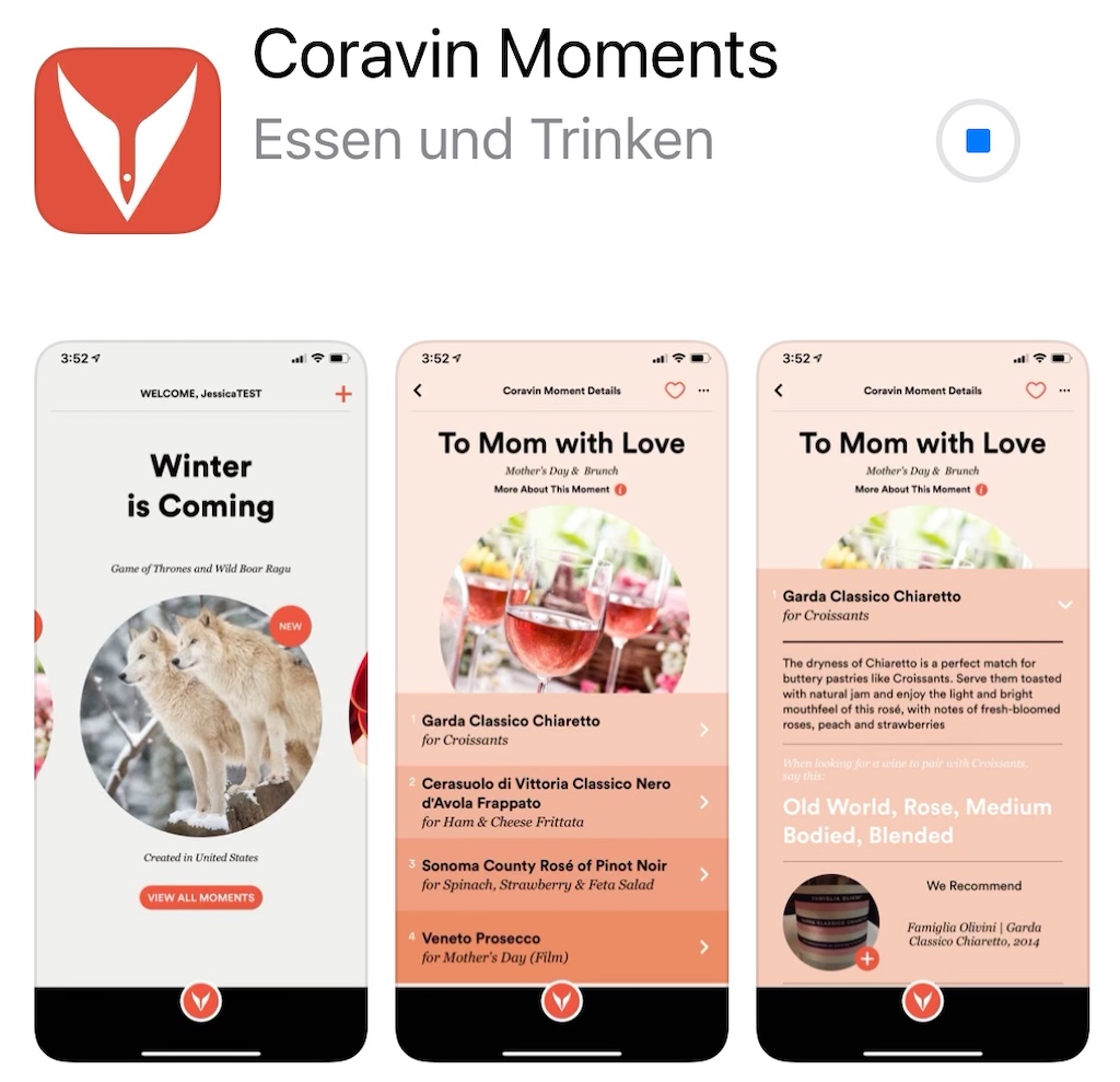 Währen des Ladevorgangs des Model Eleven, sollte die App Coravin Moments heruntergeladen werden