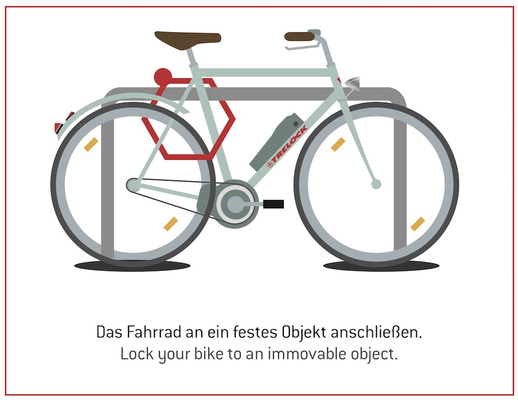 Gegen Fahrrad-Diebstahl sichern: an stabilen Stangen, Laternenpfählen (festen Objekten) sichern