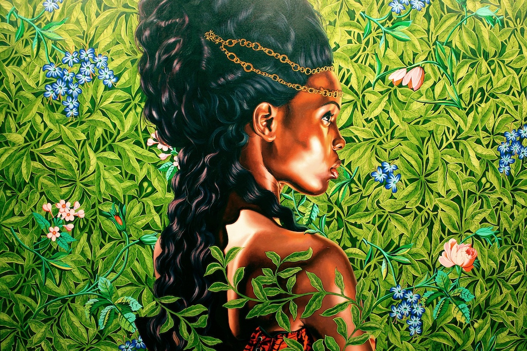 Ornamentik ist ein Markenzeichen von Kehinde Wileys jüngsten Porträts, wie hier im Bildnis Bintou Fall zu sehen
