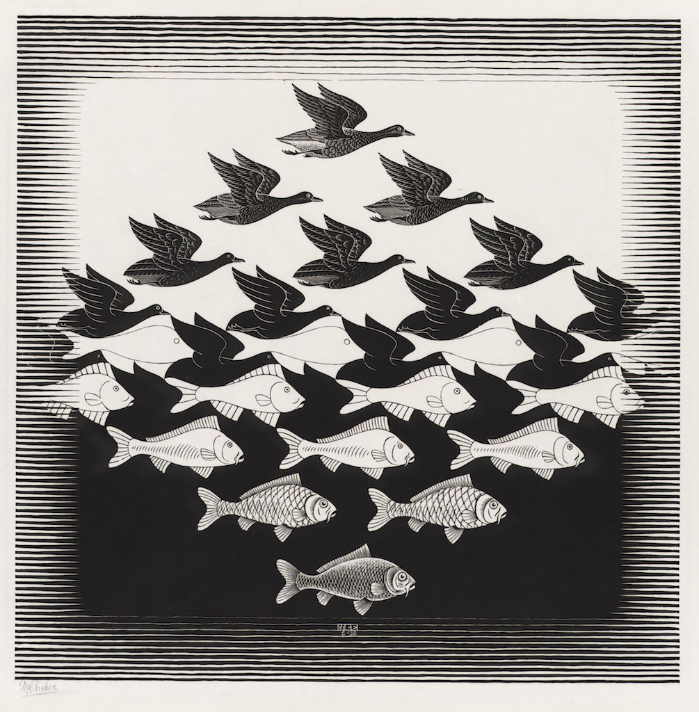 An welcher Stelle werden die Vögel zu Fischen? Eines von M.C. Eschers berühmtesten Werken „Lucht en Water/Luft und Wasser“ von 1972